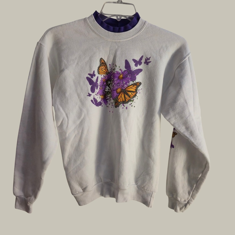 Vtg 90 Hanes Double Collar Butterfly Sweatshirt Adult S White Floral Grandmacore